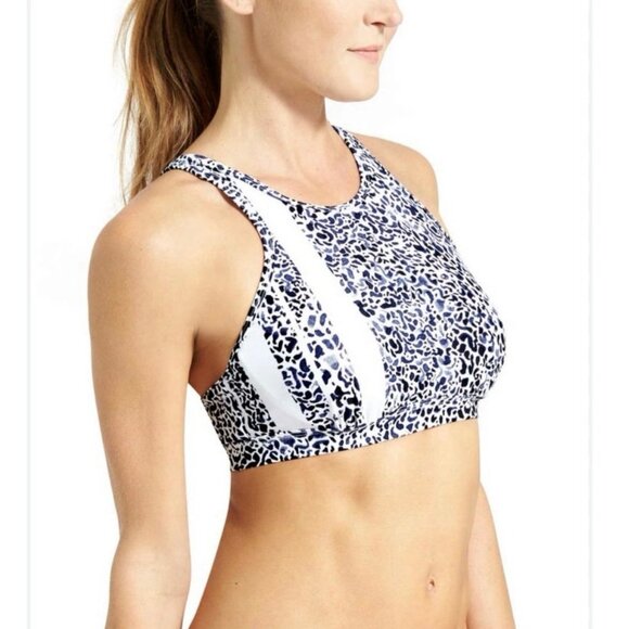 Athleta Zimbabwe High Neck Bikini Top Navy Blue White Animal Print 34 B/C - Picture 1 of 6
